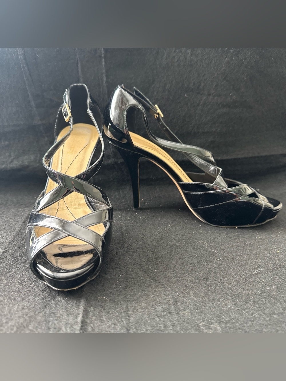 Kate Spade Black Patent Leather Platform Stiletto Heel Peep Toe Shoes Size 6.5